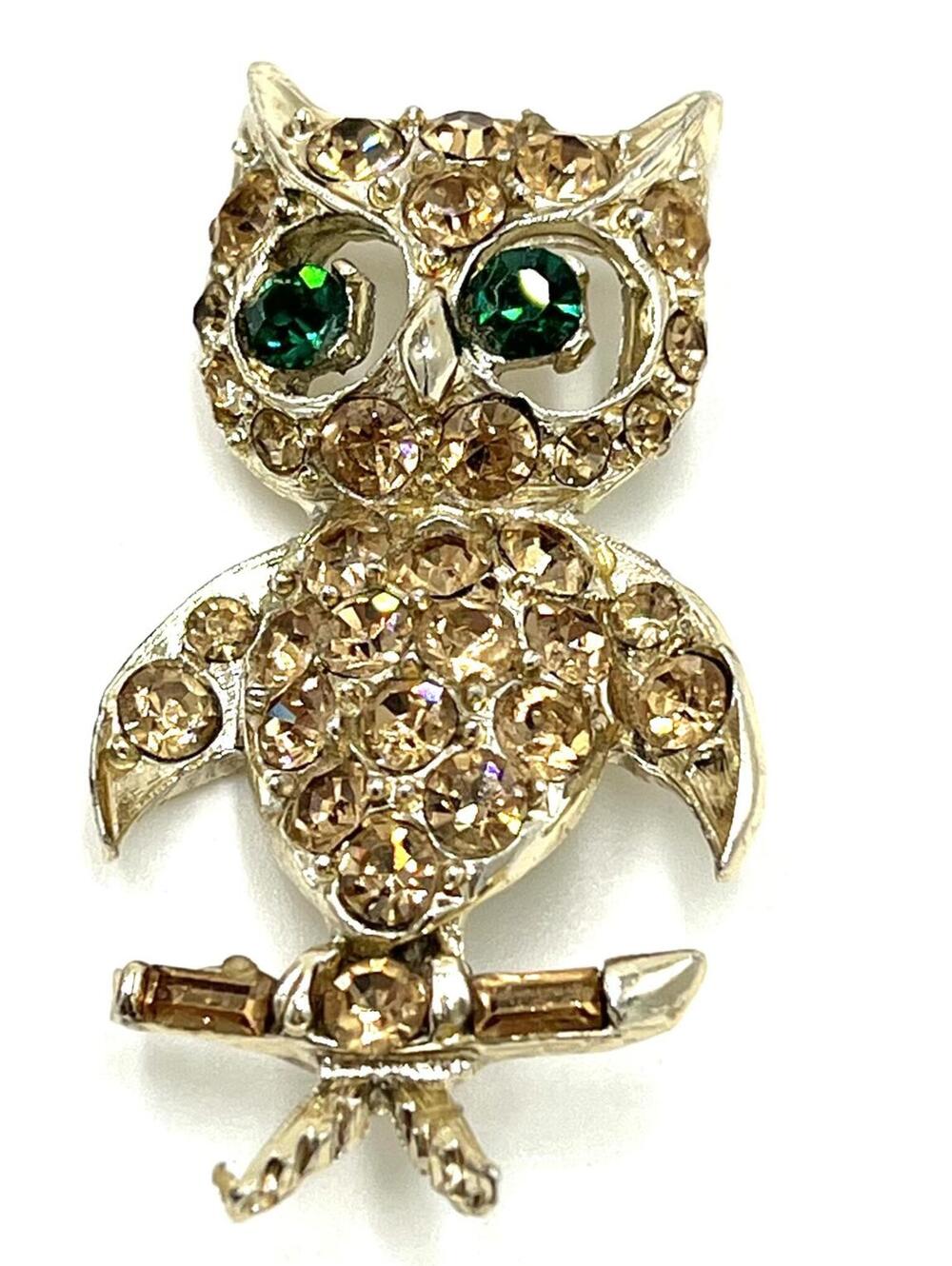 Pell Goldtone Champagne & Green Rhinestone Owl Brooch